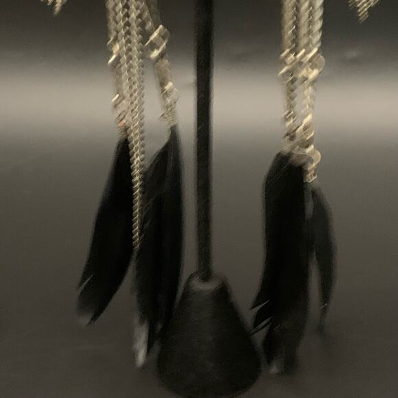 Parrot Black Feather Chandelier Dangle Statement Earrings Rhinestone Chain Link - Picture 4 of 11